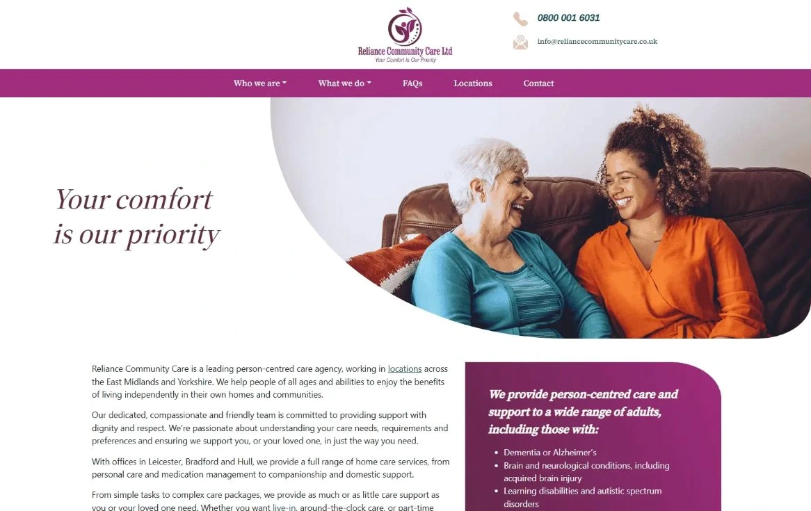 screenshot of the Reliance Community Care website homepage