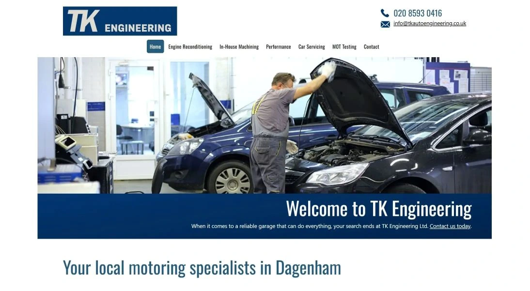 screenshot of the TK Engineering website homepage